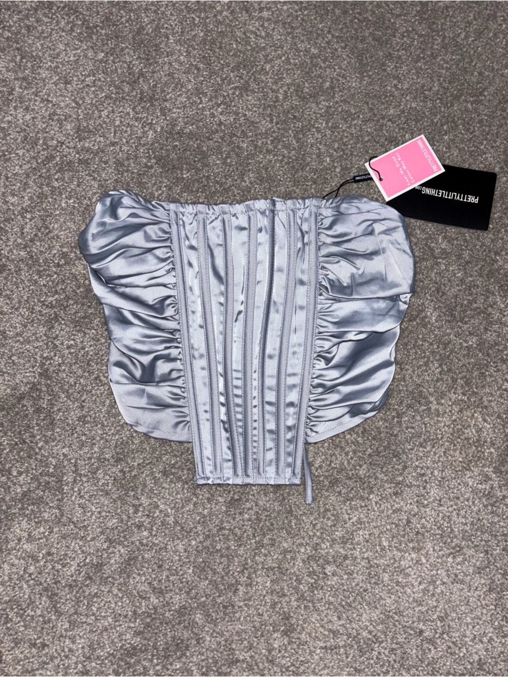PrettyLittleThing Silver Ruched Satin Corset Crop Top